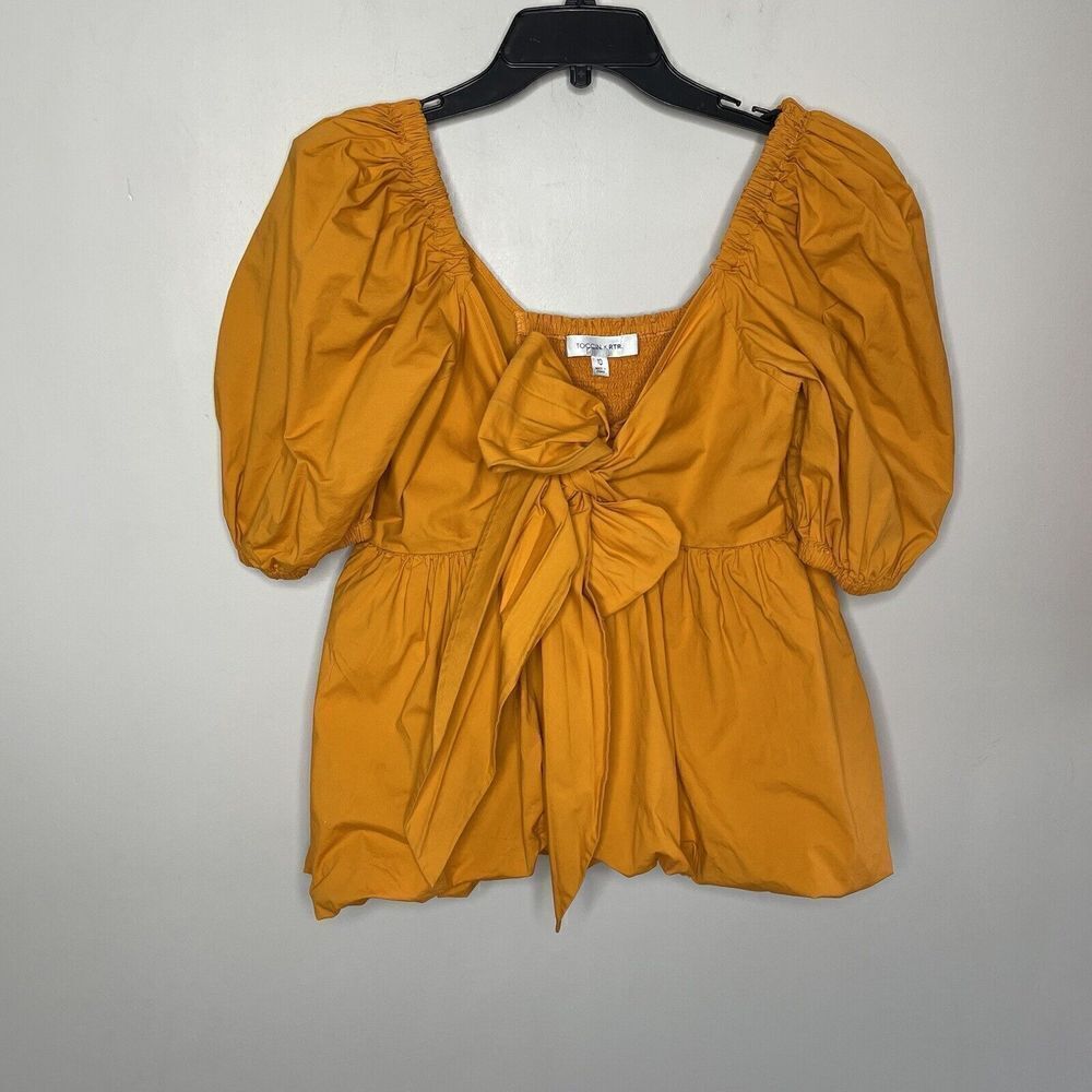TOCCIN Top Womens 10 Orange Bubble Hem Tie Front Cotton Poplin